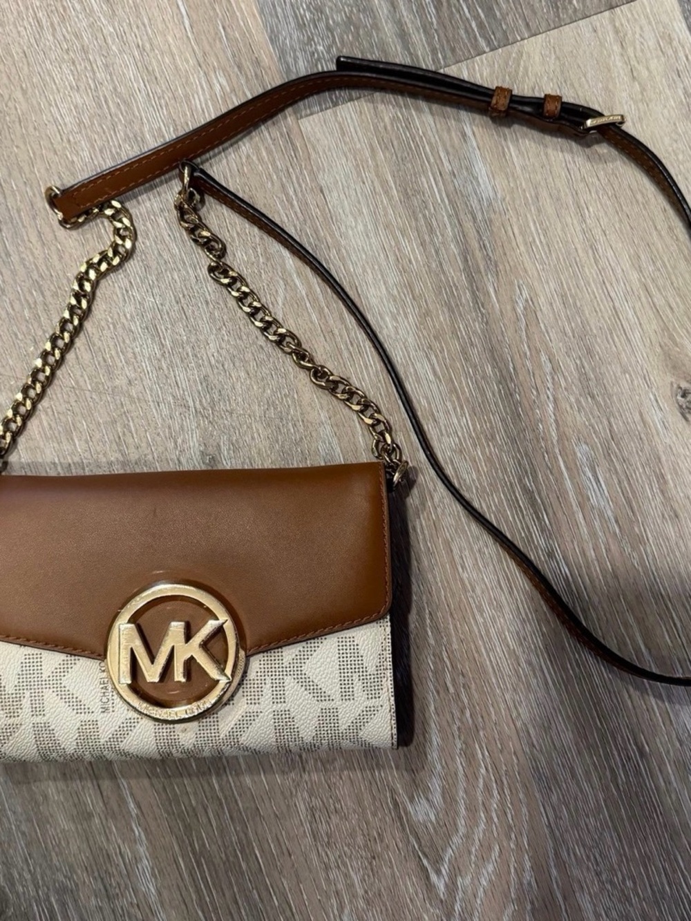 Michael Kors Brown Leather & Cream Logo Crossbody Bag